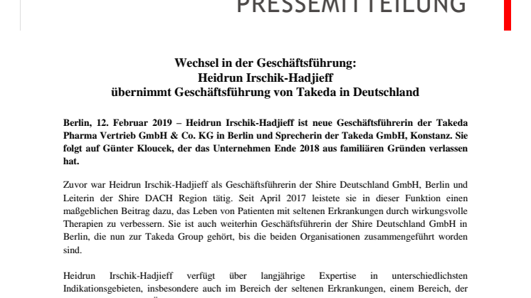 Wechsel in der Geschäftsführung:  Heidrun Irschik-Hadjieff  übernimmt Geschäftsführung von Takeda in Deutschland 