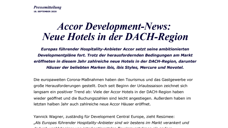Accor Development-News: Neue Hotels in der DACH-Region