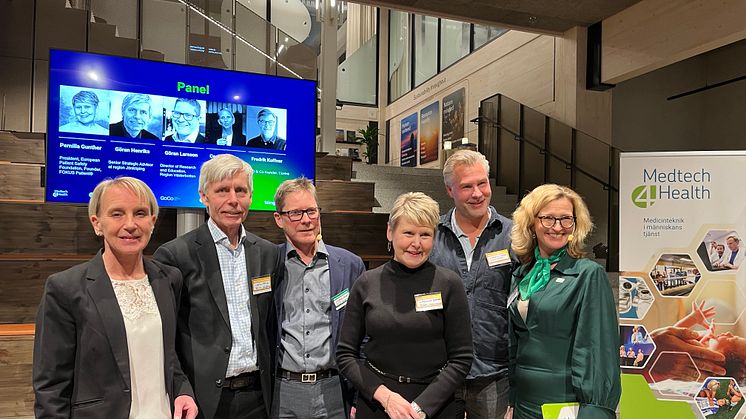 Paneldeltagare på Medtech Matchday, från vänster: Cecilia Edebo, Göran Henriks, Göran Larsson, Penilla Gunther, Fredrik Koffner och Lena Strömberg.