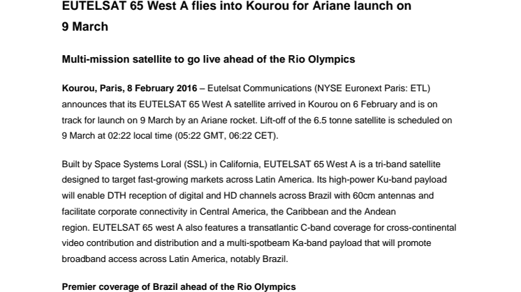 EUTELSAT 65 West A flies into Kourou for Ariane launch on 9 March 