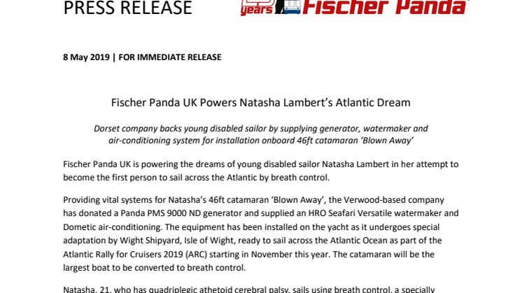 Fischer Panda UK Powers Natasha Lambert’s Atlantic Dream