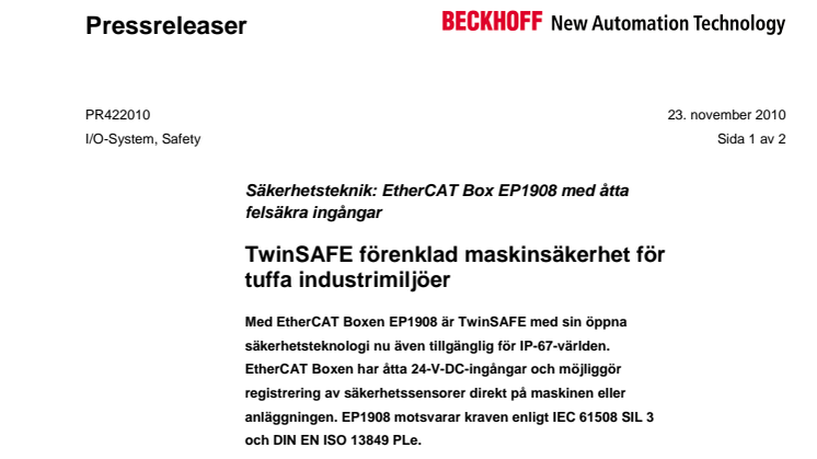 TwinSAFE förenklar maskinsäkerheten för tuffa industrimiljöer