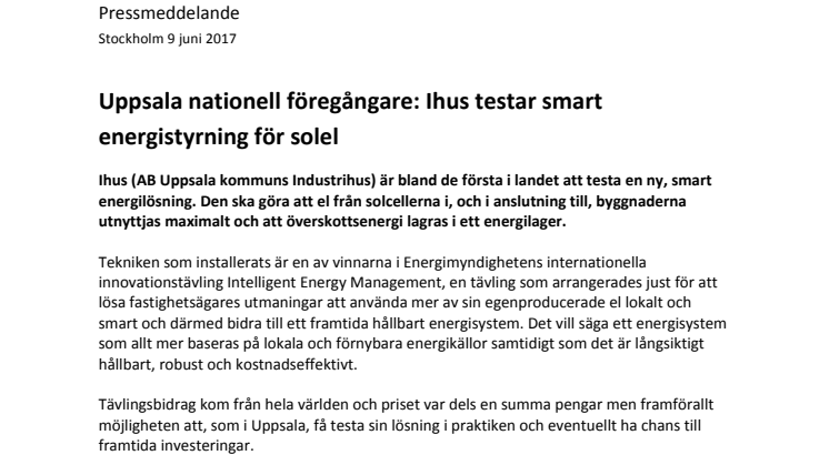 Uppsala nationell föregångare: Ihus testar smart energistyrning för solel