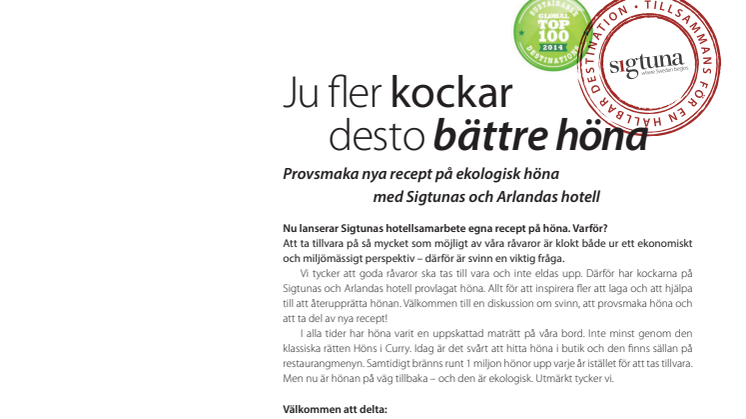 ​Pressinbjudan: Provsmaka nya recept på ekologisk höna med Sigtunas och Arlandas hotell