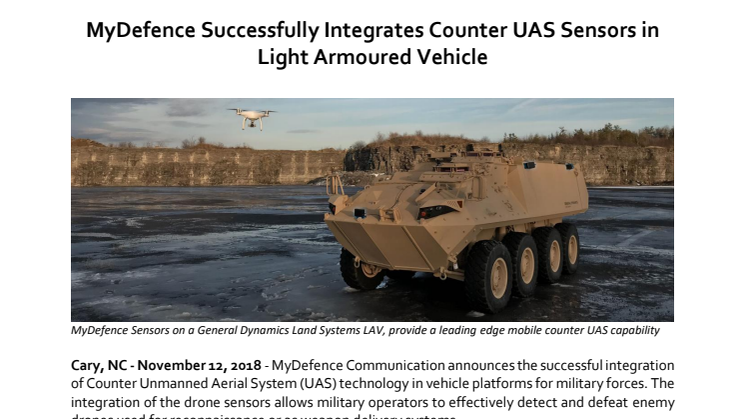 MyDefence Successfully Integrates Counter UAS Sensors in Light Armoured Vehicle