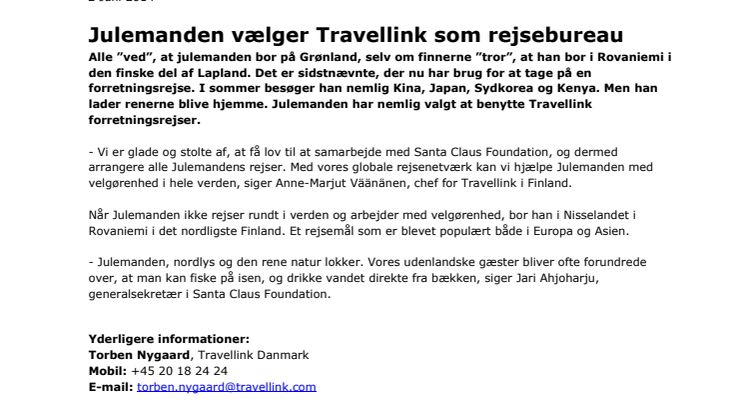 Julemanden vælger Travellink som rejsebureau