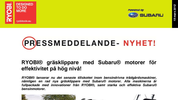 RYOBI® gräsklippare med Subaru® motorer för effektivitet på hög nivå!