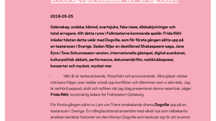 Folkteatern presenterar nästa spelår – inleder med Sverigepremiär av Dogville