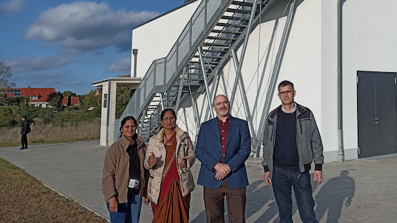 rom left to right:  Ms Basavaraju Santhi Sree and Ms Manju Sarma (both National Remote Sensing Centre, ISRO), Mr Roberto Biasutti (ESA) and Frithjof Barner (GAF AG, Neustrelitz) at the site of the German Aerospace Centre (DLR) in Neustre­litz with th