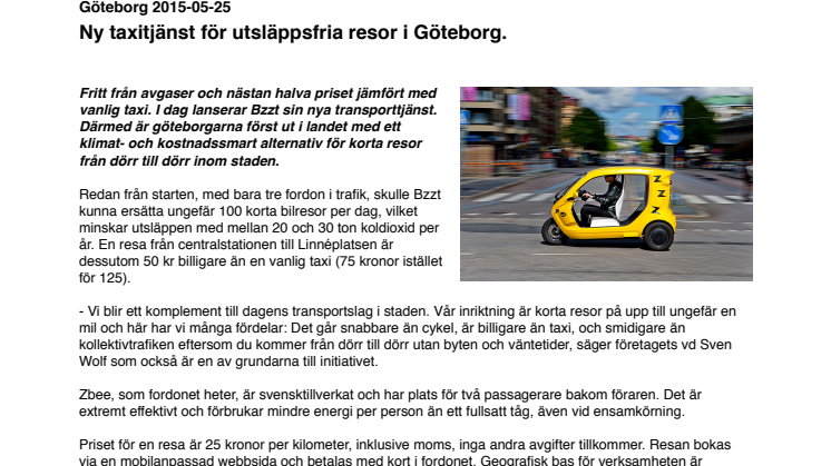 Ny taxitjänst för utsläppsfria resor i Göteborg.
