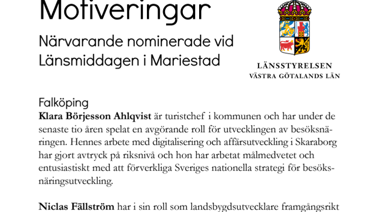 Motiveringar till nominerade vid Länsmiddag Mariestad
