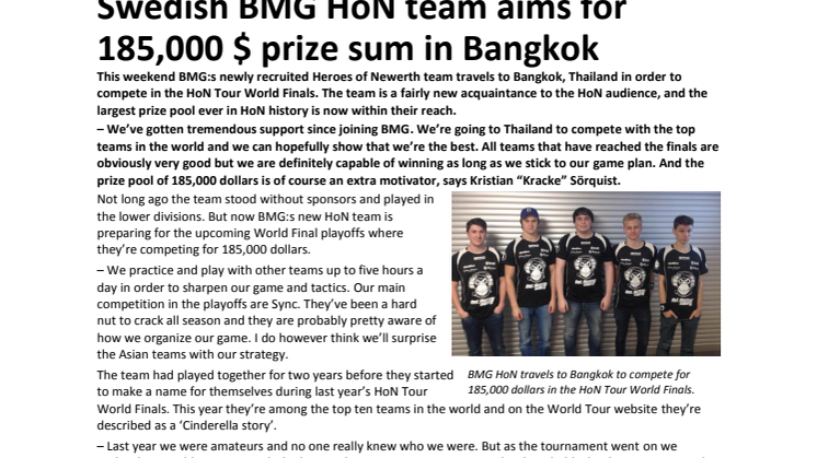 Swedish BMG HoN team aims for 185,000 $ prize sum in Bangkok