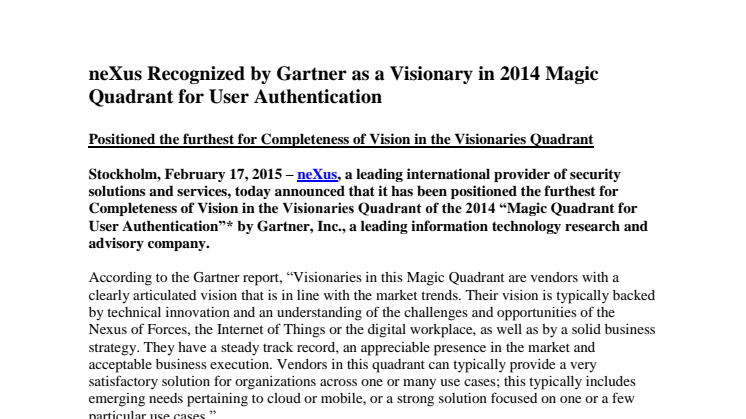 neXus Recognized by Gartner as a Visionary in 2014 Magic Quadrant for User Authentication