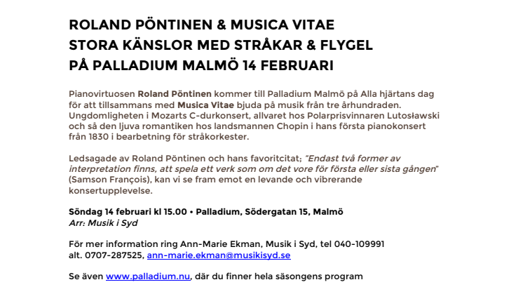  Roland Pöntinen & Musica Vitae – Stora känslor med stråkar & flygel – på Palladium Malmö 14 februari