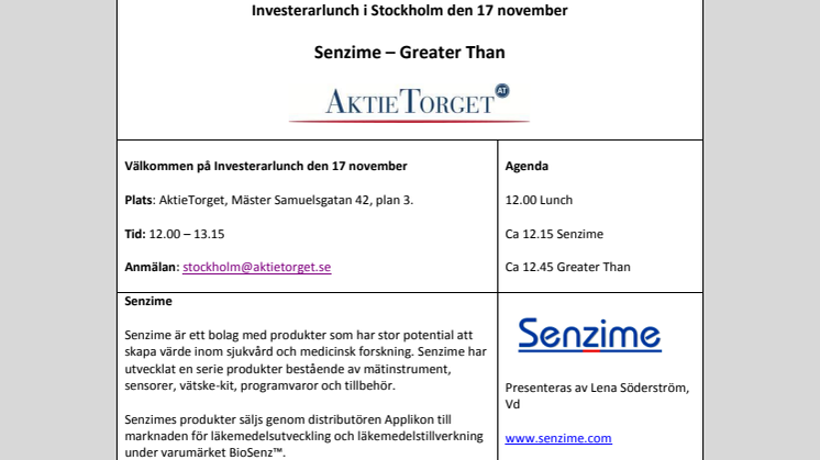 Välkommen på investerarlunch i Stockholm 17 november 2014