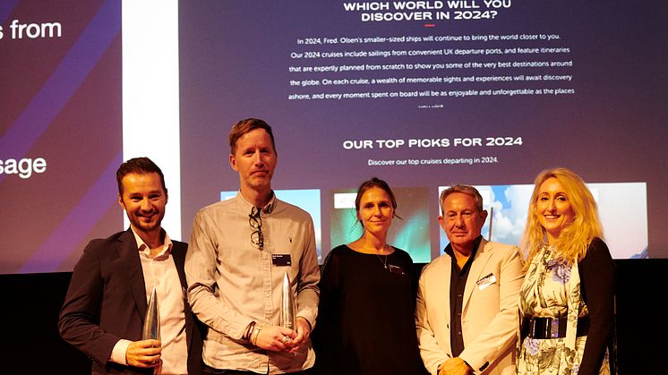 From L-R: Ben Williams, Head of Digital at Fred. Olsen Cruise Lines, Dave Dunlop, Partner and CDO at Else, Karen Calligeris, Head of UX at Else, Sean Carney, chair of the judges and Sally Lukins, Managing Director of DBA