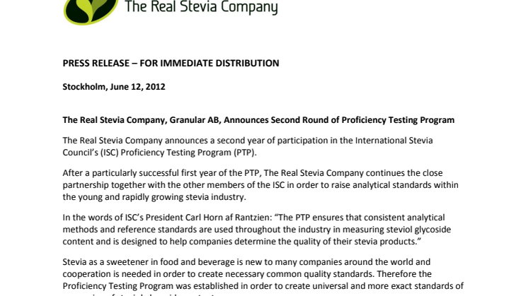 The Real Stevia Company, Granular AB, Announces Second Round of Proficiency Testing Program