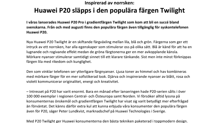 Inspirerad av norrsken:  Huawei P20 släpps i den populära färgen Twilight 