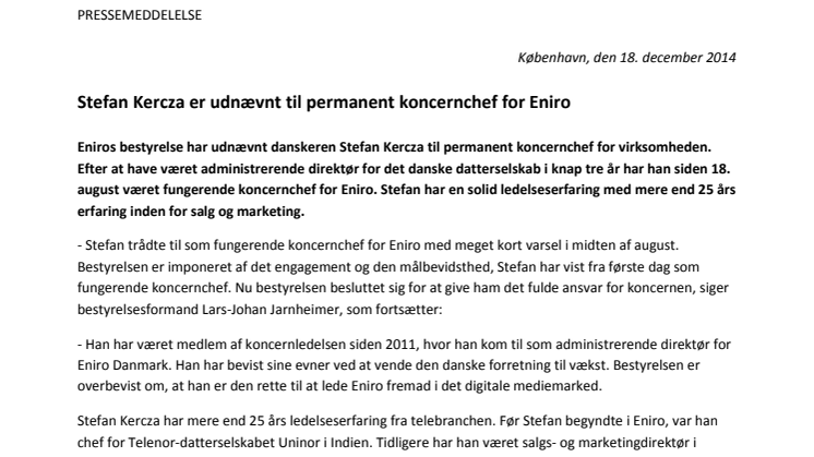 Stefan Kercza er udnævnt til permanent koncernchef for Eniro