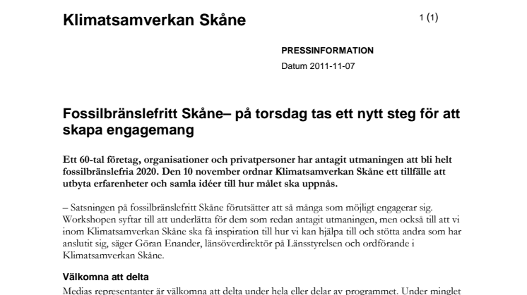 Pressinbjudan Fossilbränslefritt Skåne – på torsdag tas ett nytt steg för att skapa engagemang