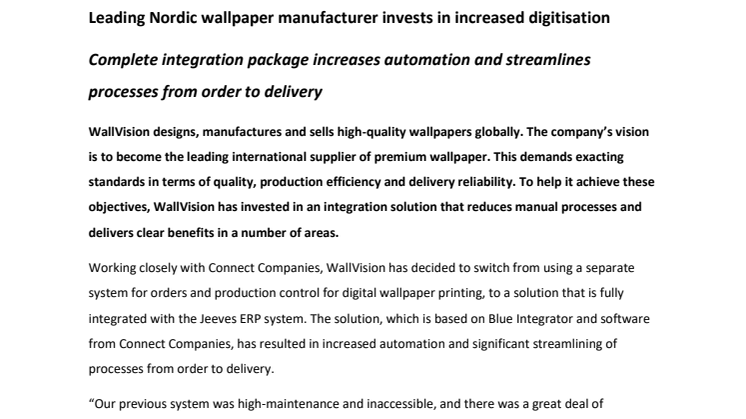 Leading Nordic wallpaper manufacturer invests in increased digitisation