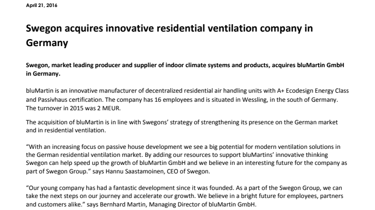 Swegon acquires innovative residential ventilation company in Germany 