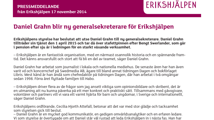 Daniel Grahn blir ny generalsekreterare för Erikshjälpen