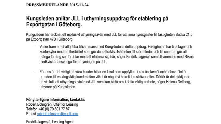 Kungsleden anlitar JLL i uthyrningsuppdrag för etablering på Exportgatan i Göteborg
