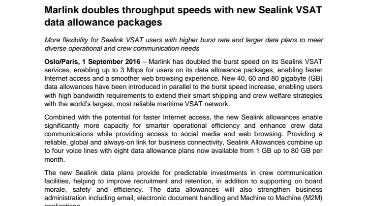 Marlink: Marlink doubles throughput speeds with new Sealink VSAT data allowance packages