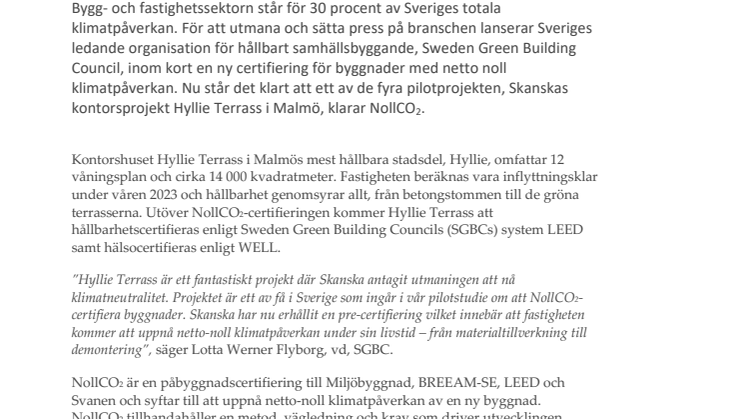 Skanskas Hyllie Terrass i Malmö klarar branschens tuffaste hållbarhetscertifiering: nya NollCO2 