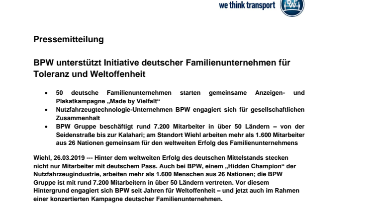 BPW unterstützt Initiative deutscher Familienunternehmen für Toleranz und Weltoffenheit