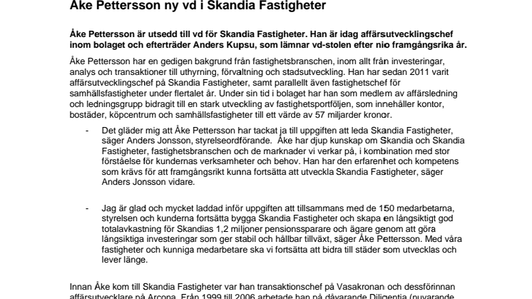 Åke Pettersson ny vd i Skandia Fastigheter