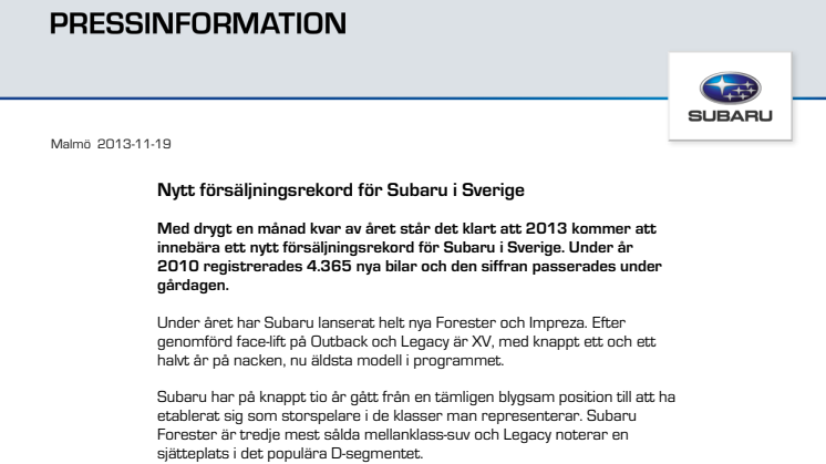 Nytt försäljningsrekord för Subaru i Sverige