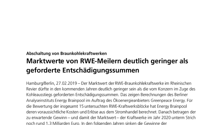 Kohleausstieg: Marktwerte von RWE-Meilern deutlich geringer als geforderte Entschädigungssummen