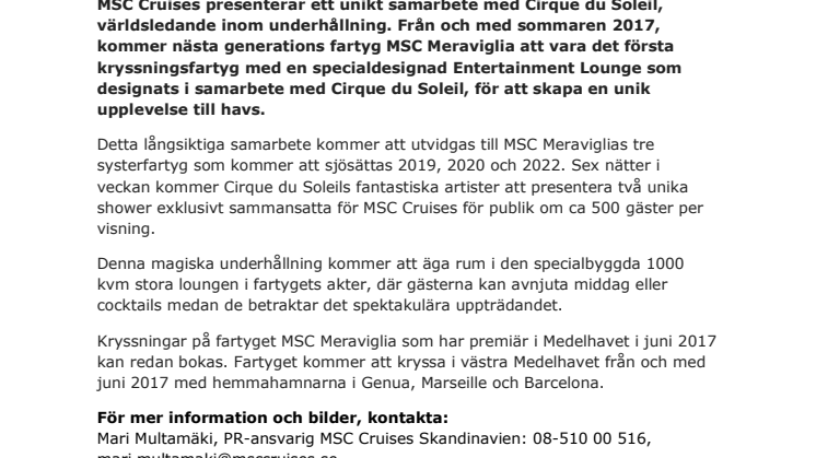 MSC Cruises presenterar ett unikt samarbete med Cirque du Soleil