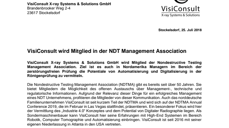 VisiConsult wird Mitglied in der NDT Management Association
