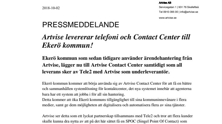 Artvise levererar telefoni och Contact Center till Ekerö kommun!