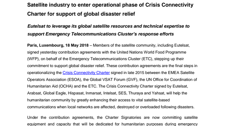 Satellite industry to enter operational phase of Crisis Connectivity Charter for support of global disaster relief