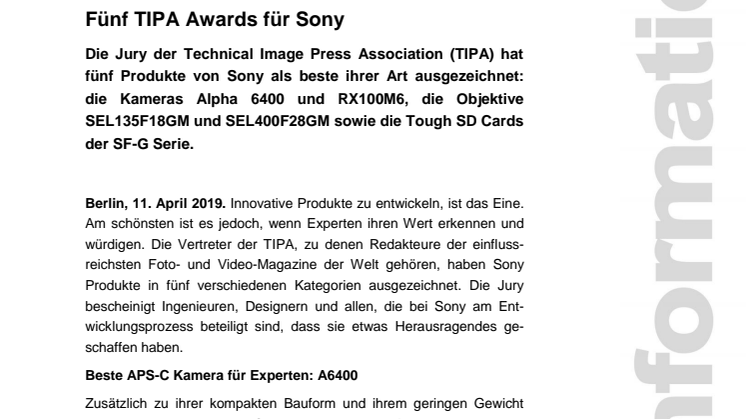 Fünf TIPA Awards für Sony