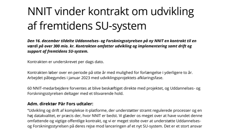 NNIT vinder kontrakt om udvikling af fremtidens SU-system 20-12-2022 (Danish Translation)