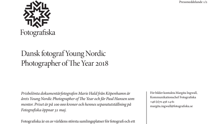 Dansk fotograf Young Nordic Photographer of The Year 2018