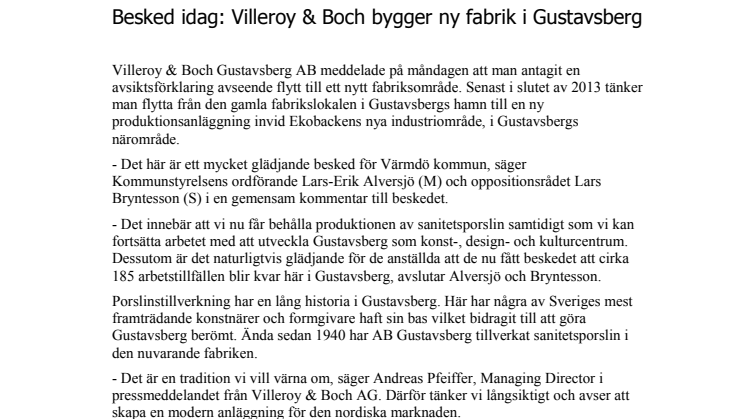 Besked idag: Villeroy & Boch bygger ny fabrik i Gustavsberg