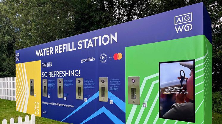 The Bluewater 'Wall of Water' with digital signage screen and five bottle refill dispensers at the 2023 AIG Women's Open, Walton Heath, Surrey, England