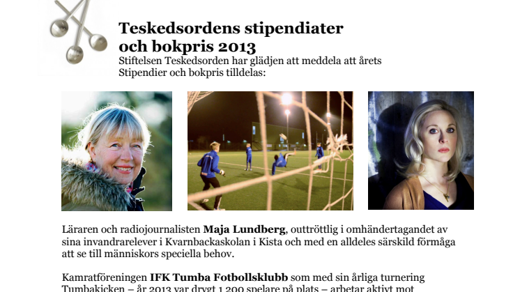 Teskedsordens stipendiater och bokpris 2013