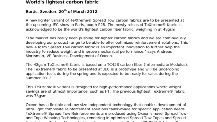 World’s lightest carbon fabric