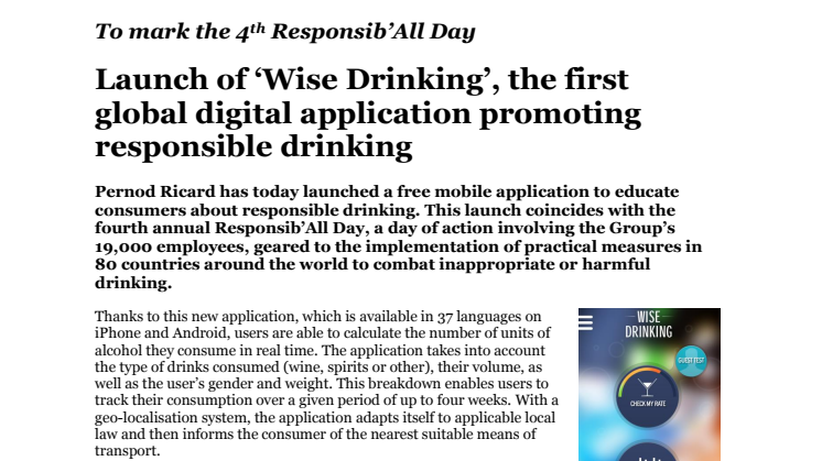 To mark the 4th Responsib’All Day: Launch of ‘Wise Drinking’, the first global digital application promoting responsible drinking 
