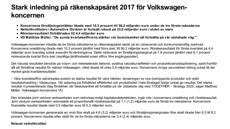 Stark inledning på räkenskapsåret 2017 för Volkswagen-koncernen
