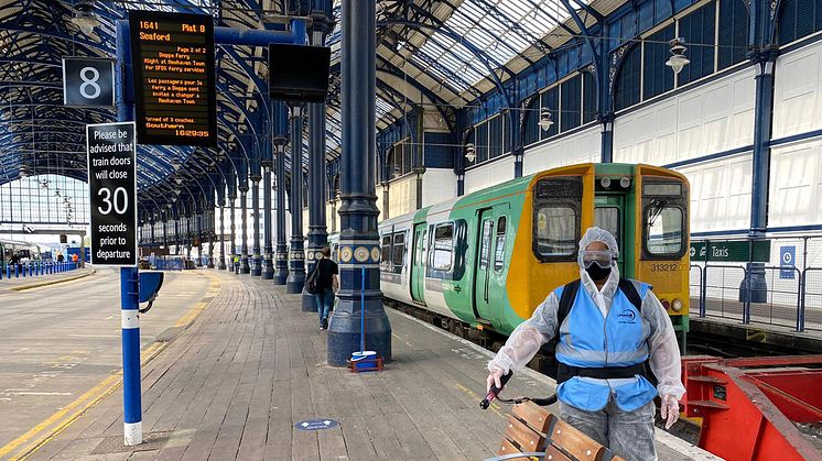 Stations including St Albans, Flitwick, Harlington, Worthing, Hassocks, Oxted, Plumpton and (above) Brighton are being treated with the latest dose of 30-day viruscide to protect passengers