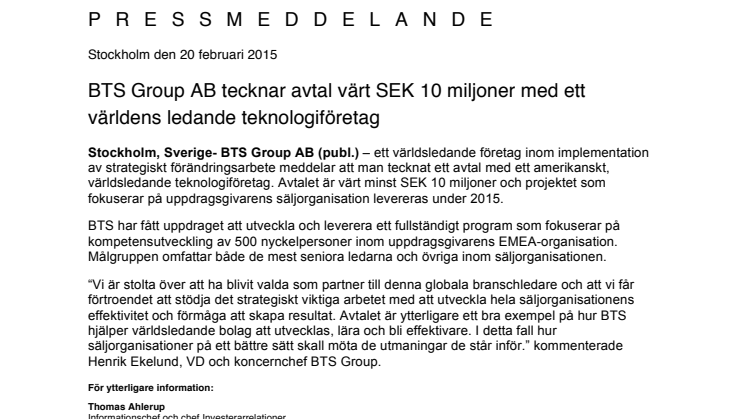 BTS Group AB tecknar avtal värt SEK 10 miljoner med ett världens ledande teknologiföretag