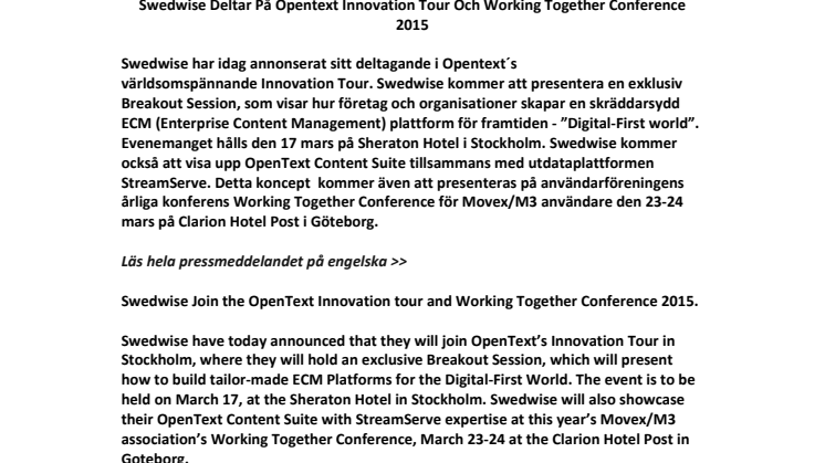 Swedwise Deltar På Opentext Innovation Tour Och Working Together Conference 2015